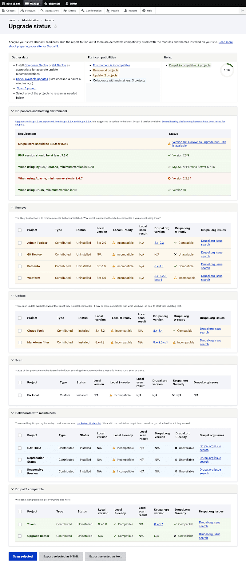Upgrade Status admin page
